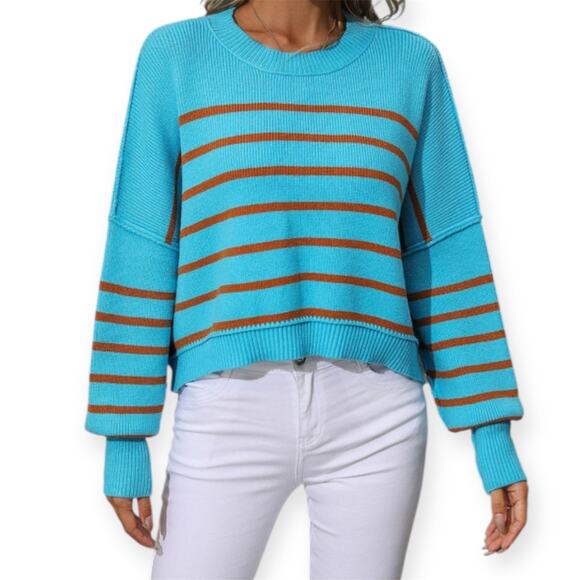 Free People Blue Striped Oversized Knit Sweater Pullover Long Sleeve Sz Small - Picture 1 of 10